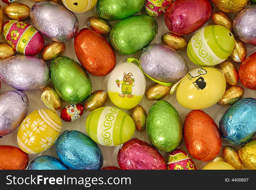 Many easter eggs with many different colors. Many easter eggs with many different colors