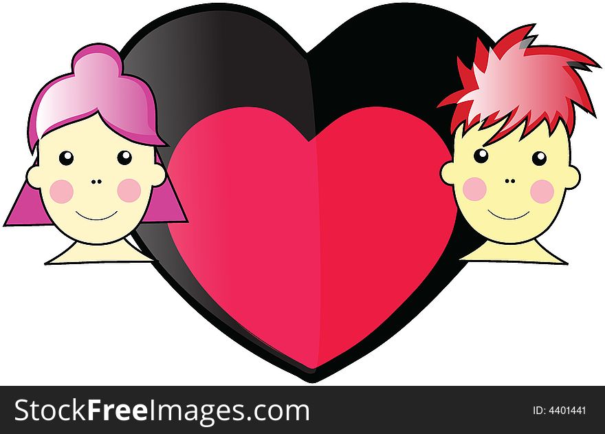 Valentine Boy and Girl WIth Red and Black Love Heart In the Middle Illustration Vector. Valentine Boy and Girl WIth Red and Black Love Heart In the Middle Illustration Vector