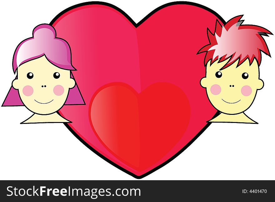 Valentine Boy and Girl WIth Red and Pink Love Heart With Black Outline In the Middle Illustration Vector. Valentine Boy and Girl WIth Red and Pink Love Heart With Black Outline In the Middle Illustration Vector