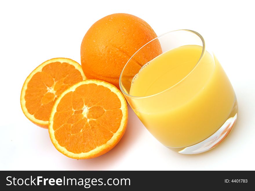 Juice and fresh orange on white background. Juice and fresh orange on white background