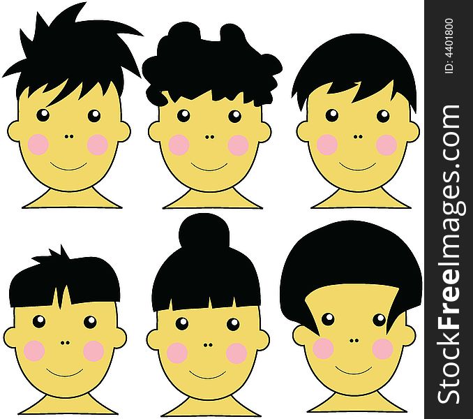 6 Cute Asian Kids Vector Illustration