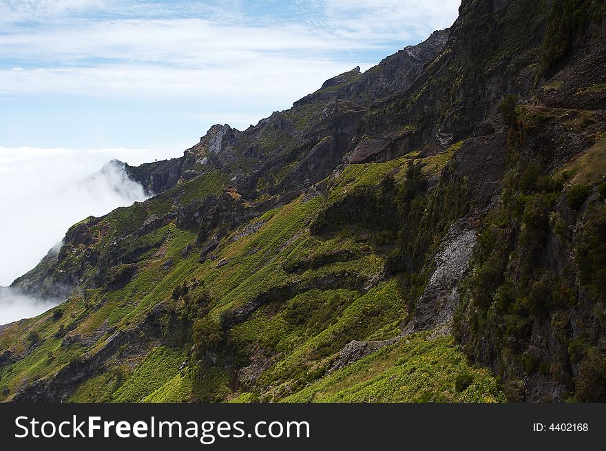 Green and sunny mountains above the clouds