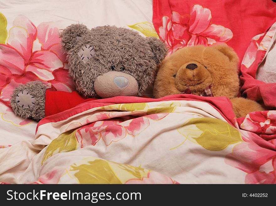 Two lovely sleepy bears in the bed. Two lovely sleepy bears in the bed