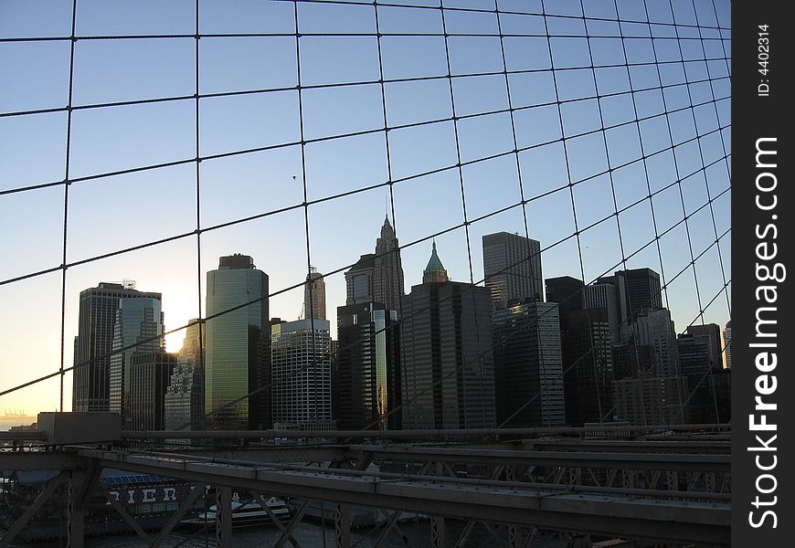 View from Brooklyn Bridge to downtown Manhattan in New York City.