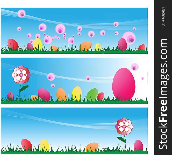 Set of three Easter Scenes Backgrounds with Easter Eggs On Grass Vector Illustrations