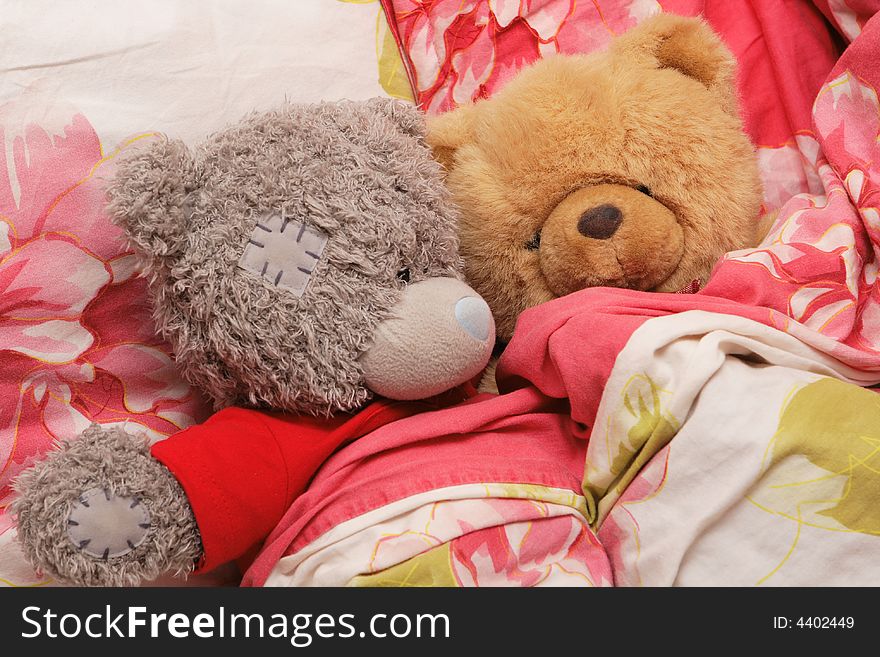 Two lovely sleepy bears in the bed. Two lovely sleepy bears in the bed