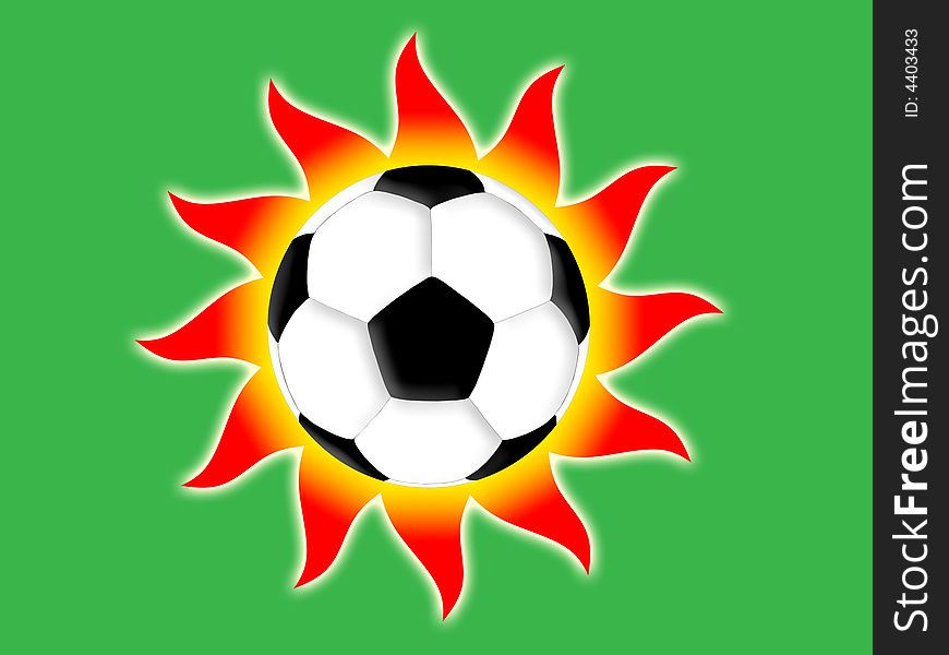 Football and red sun on a green background. Football and red sun on a green background