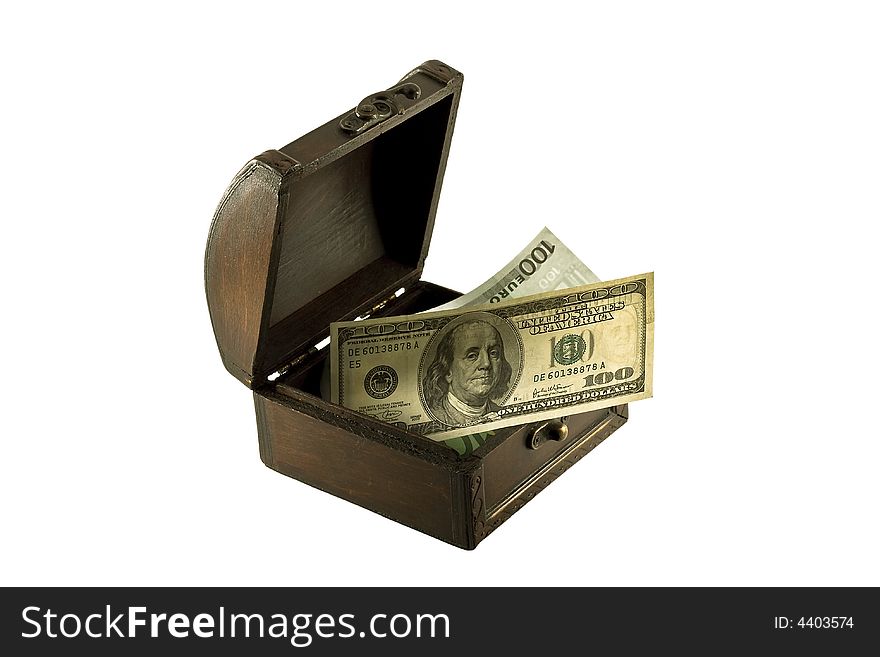 Antique chest and money, on white background. Antique chest and money, on white background