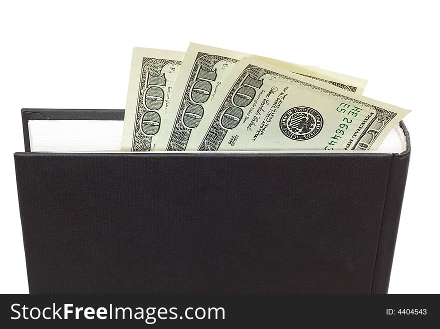Vertical black book and money, isolated on white. Vertical black book and money, isolated on white