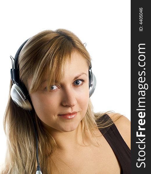 Blonde girl with headphones on white background