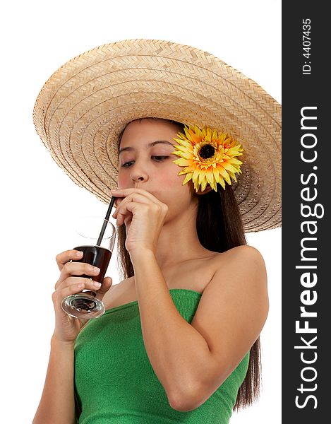 Girl on summer hat sipping a cold drink. Girl on summer hat sipping a cold drink