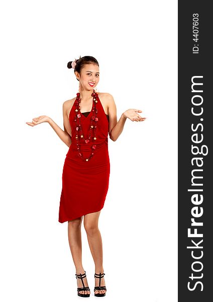 Slim lady posing on camera in her red dress
