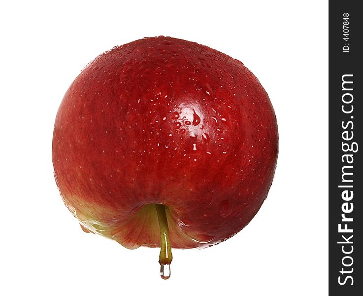 Red apple with drop of water on the stem, isolated on white