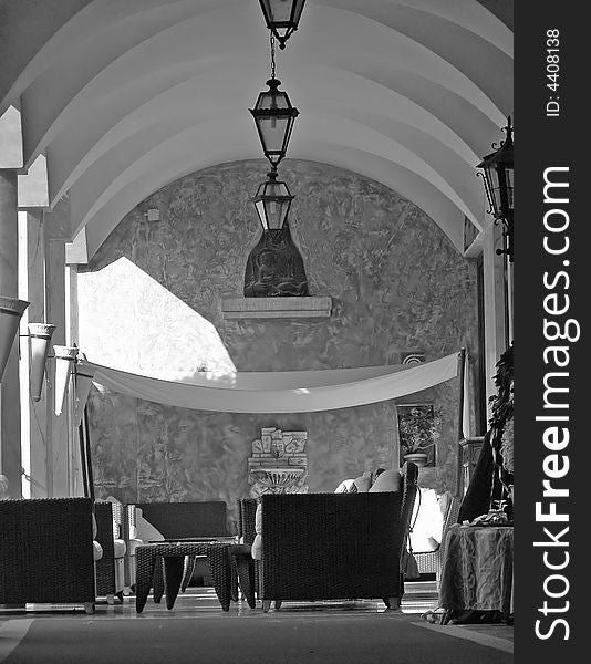 Hotel porch lounge in black and white