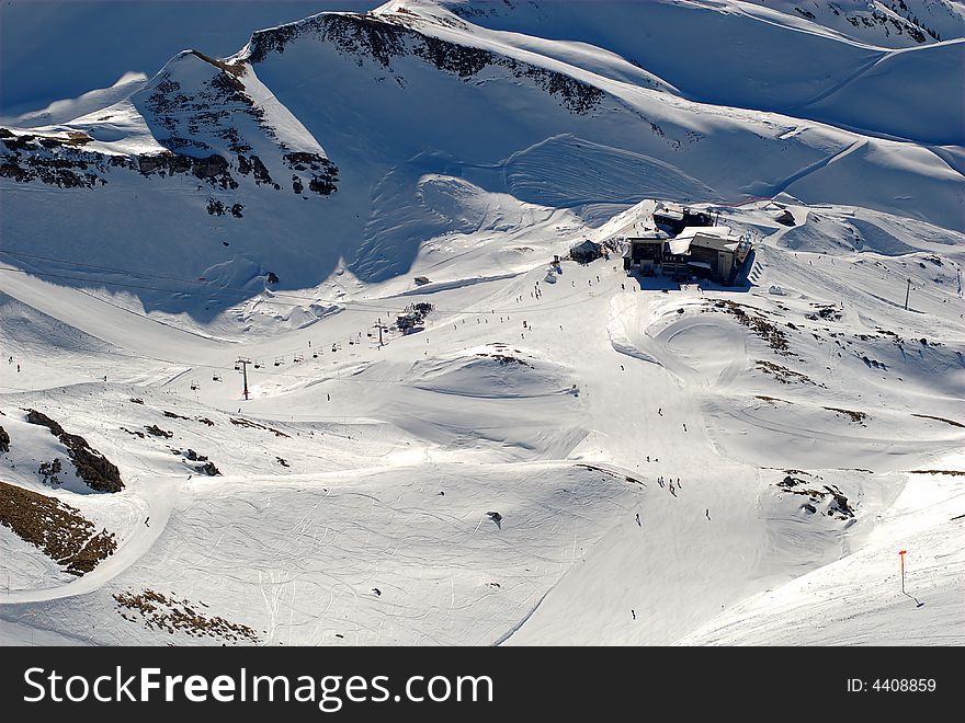 Ski-region seen from the summit of the Nebelhorn (Foghorn) near Oberstdorf, Algaeu Alps, South-Germany. Below you see the mountain station Hoefatsblick.