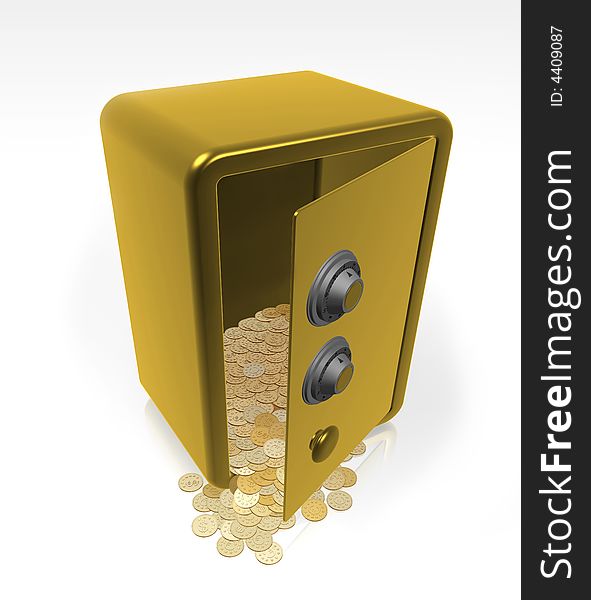 Isolated illustration of open gold safe with money. Isolated illustration of open gold safe with money
