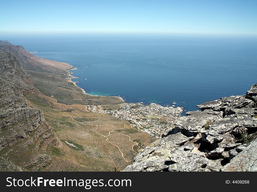 View from Table Mountain down to the towns and coastline of Cape Town and the Cape Peninsula (South Africa)