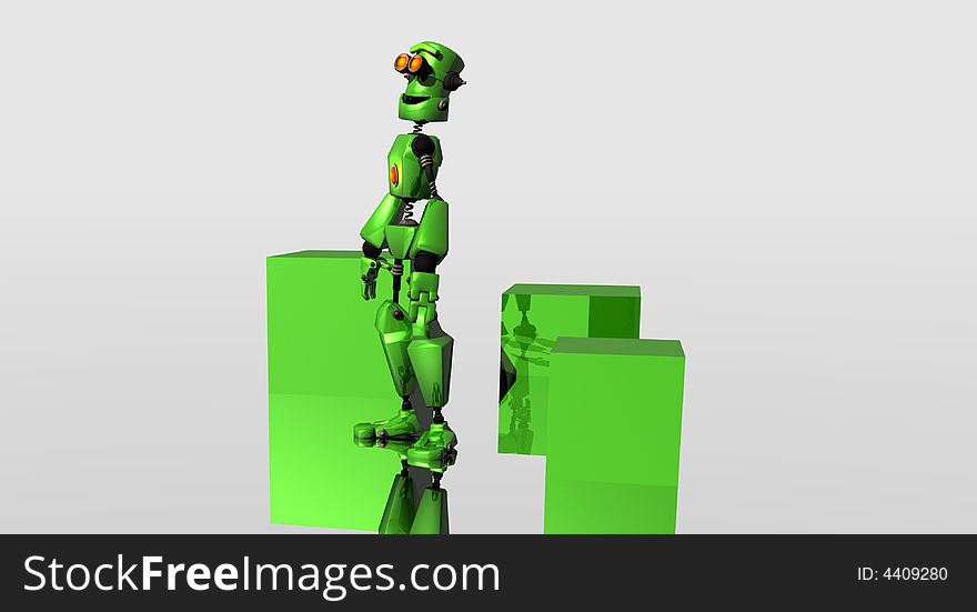 Green Robot with boxes looking up