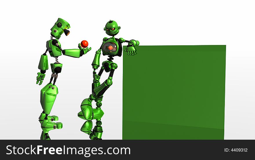 Curious green robots chillin with box. Curious green robots chillin with box
