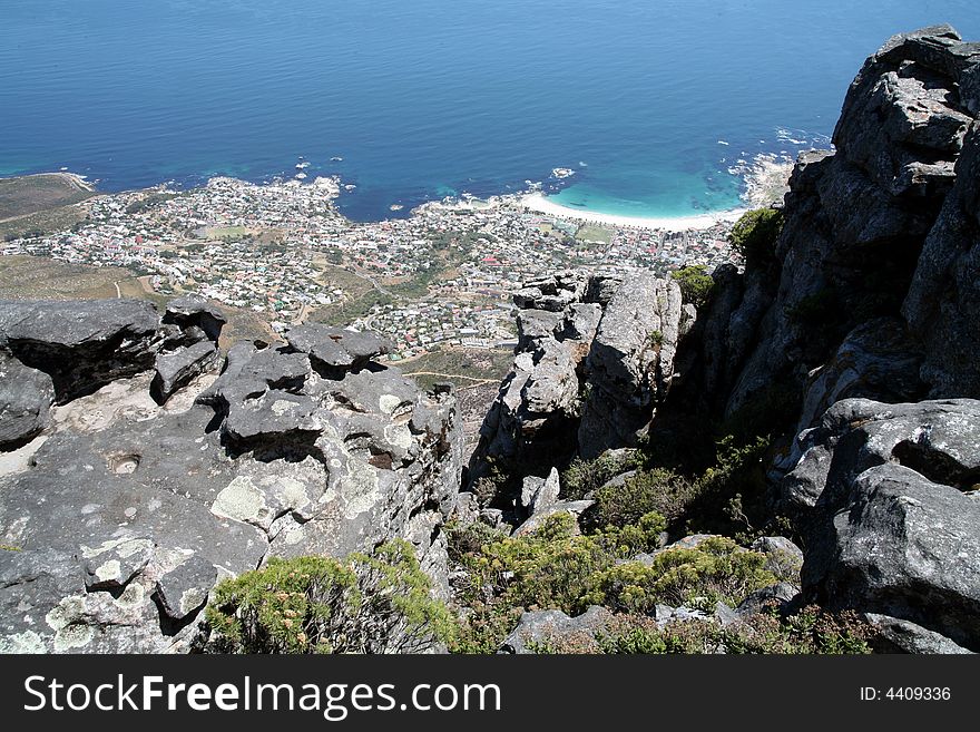 View from Table Mountain down to the towns and coastline of Cape Town and the Cape Peninsula (South Africa)