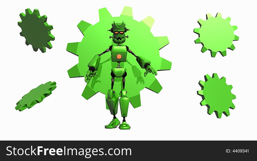 Angrey green robot with gears