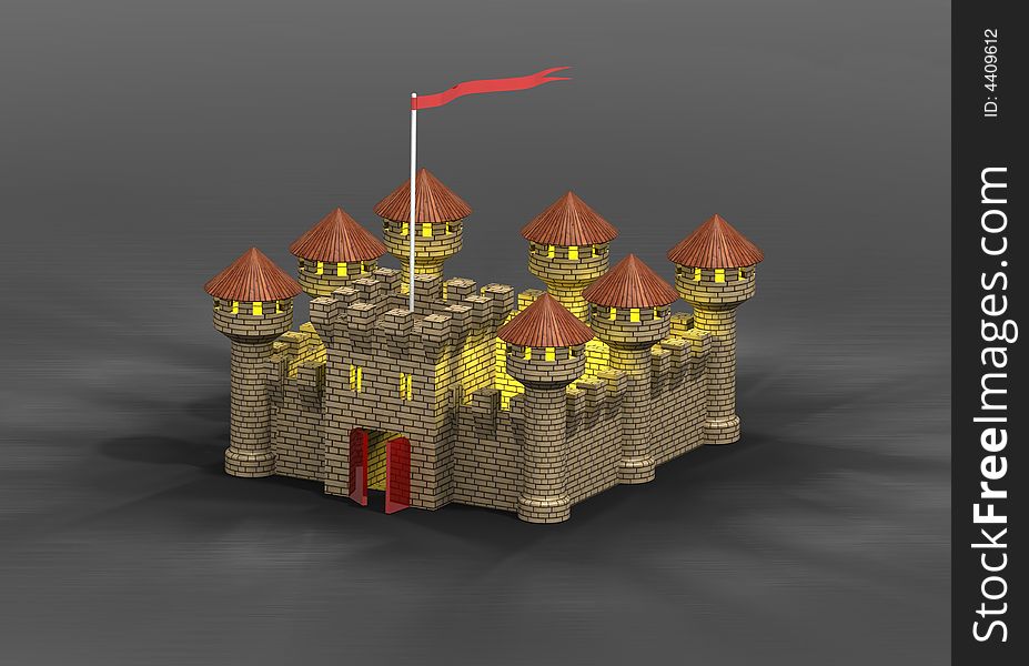 Castle 3d model on dark background with shone towers. Castle 3d model on dark background with shone towers