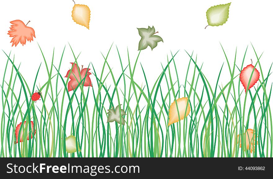 Vector image of the autumn grass and falling leaves.