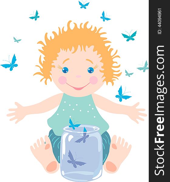 Vector drawing of the kid and the flying butterflies. Vector drawing of the kid and the flying butterflies.