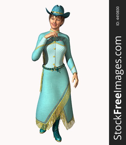 Lovely lady in her beautiful western- styled attire.  3d models, computer generated render. Lovely lady in her beautiful western- styled attire.  3d models, computer generated render.