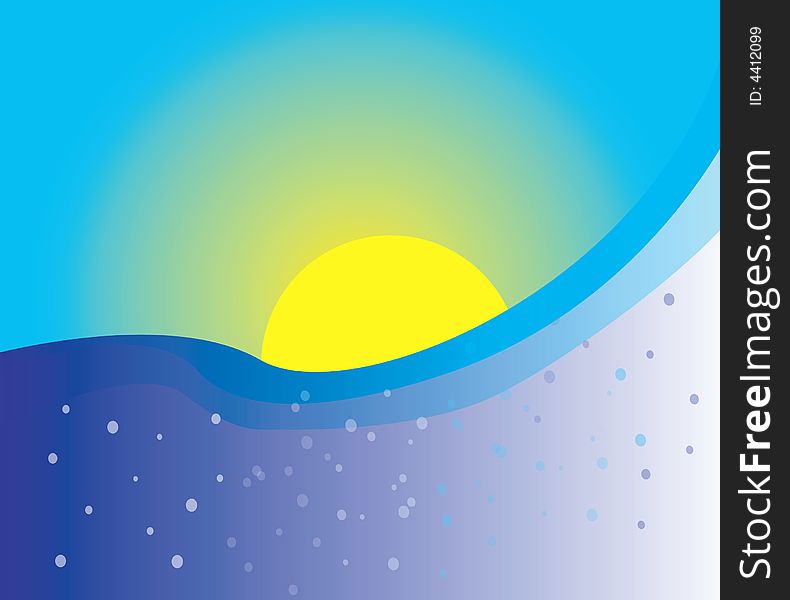 Sunset and blue water, vector illustration