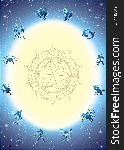 Zodiak circle postcard with twelve horoskope symbols