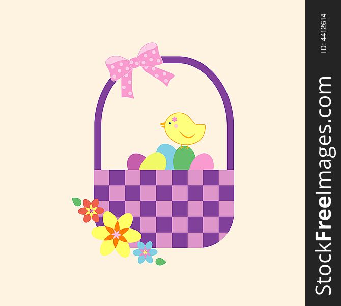 A colorful Easter basket with eggs, cute chick and some flowers.