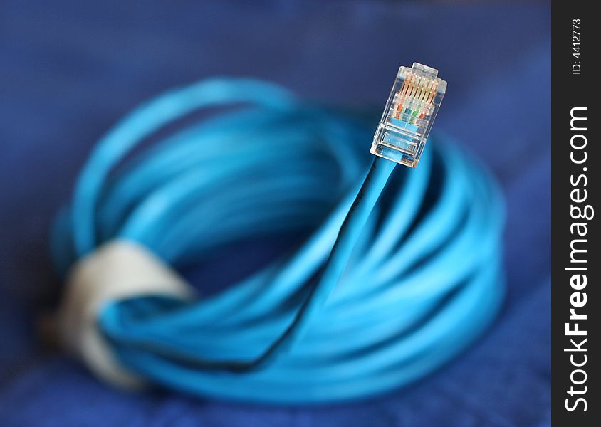 Internet plug with selective focus, in background twisted blue cable