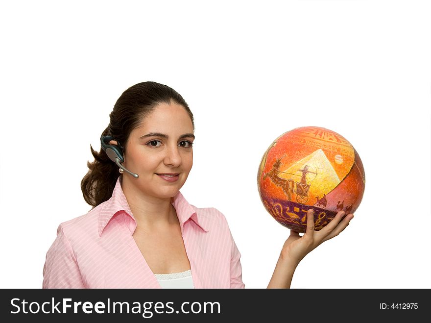 Girl with microphone and puzzle ball like globe