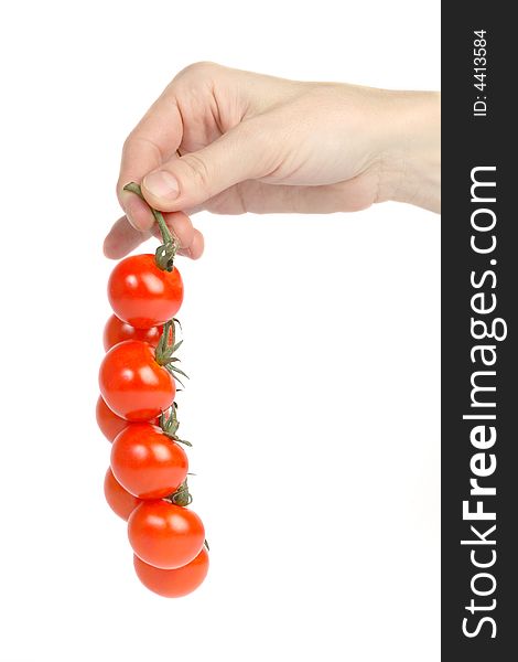 Hand with bunch of Cherry tomatoes