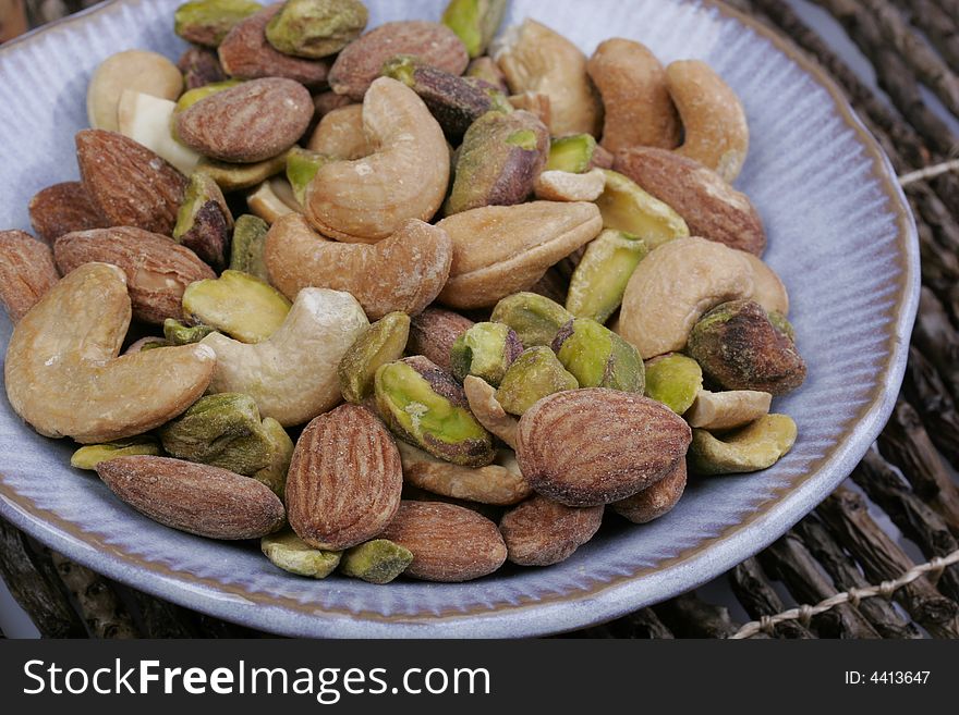 A favorite variety of mixed nuts: almonds, cashews and pistachios.