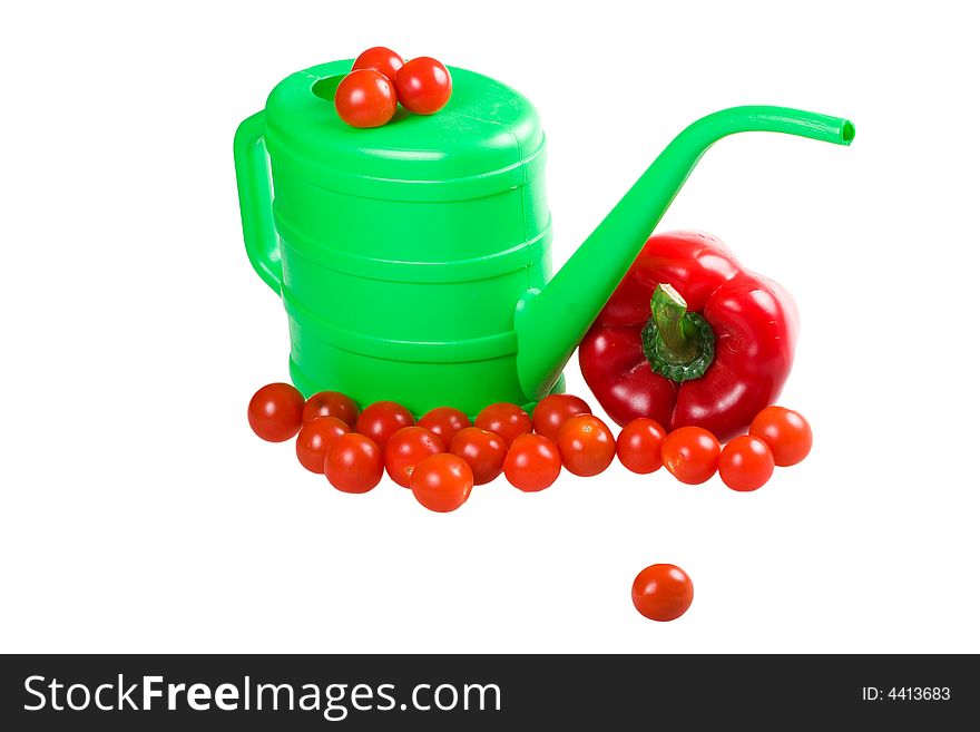 Watering can with vegetables isolated on a white background