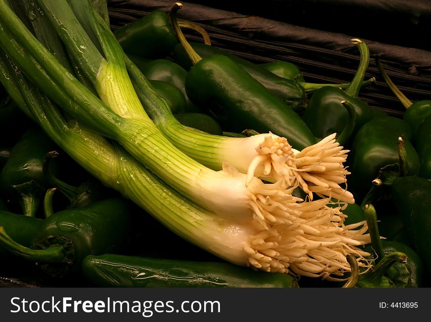 Macro of scallions and Jalapeno peppers. Macro of scallions and Jalapeno peppers