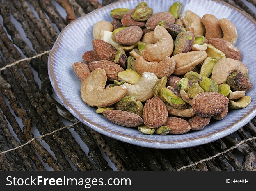 A favorite variety of mixed nuts: almonds, cashews and pistachios.