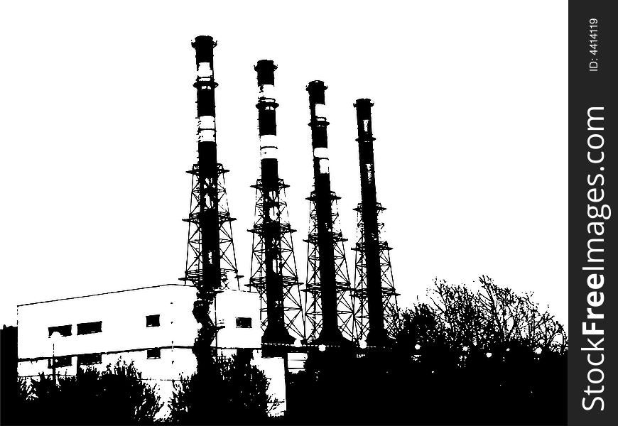 Four greater pipes which the smoke leaves, in an environment of trees, an industrial building of white color with a stairs and columns in working area