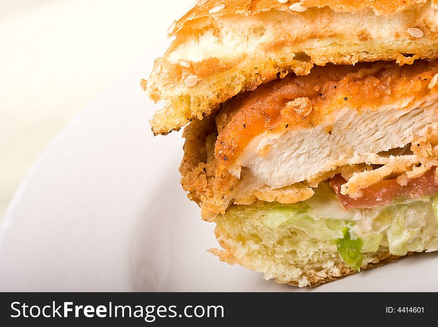 Buffalo bbq chicken sandwich on a white plate