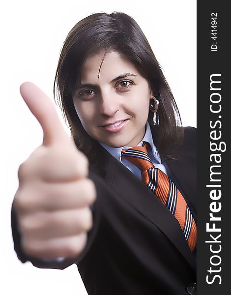 Businesswoman with thumbs up isolated on white background