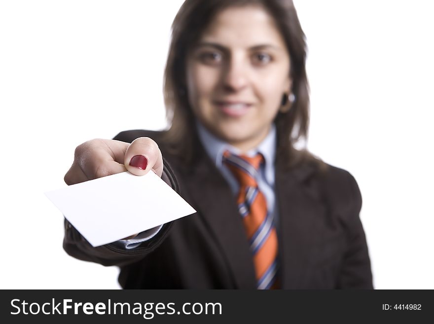 Business Woman Showing White Presentation Card