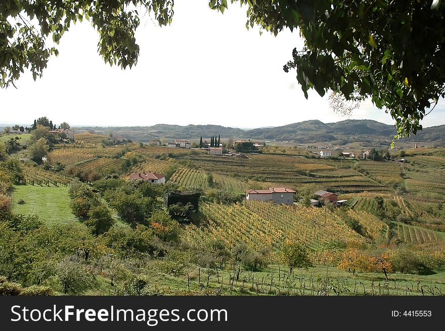 Italian landscape with green hills and trees