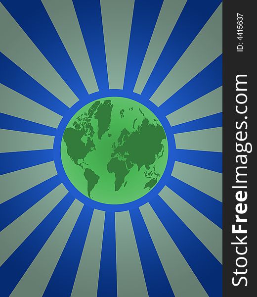 World map globe green at blue background with rays