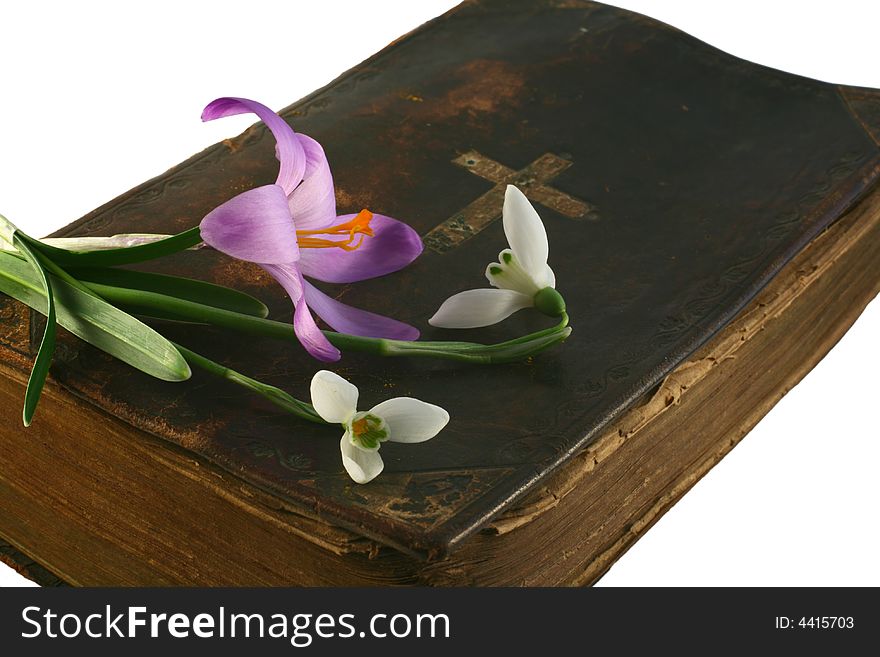 Very old prayer book with spring flowers. Very old prayer book with spring flowers.