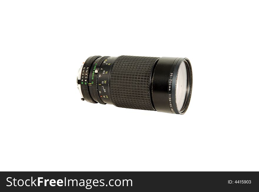 An 45-300mm tele photo lens in black on white background. An 45-300mm tele photo lens in black on white background.