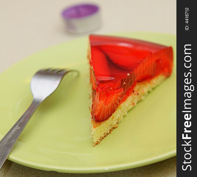 Close-up of a slice of strawberry brithday cake