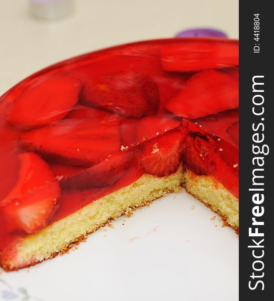 Close-up of a slice of strawberry brithday cake