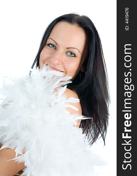 Portrait of the brunette with blue eye on white background